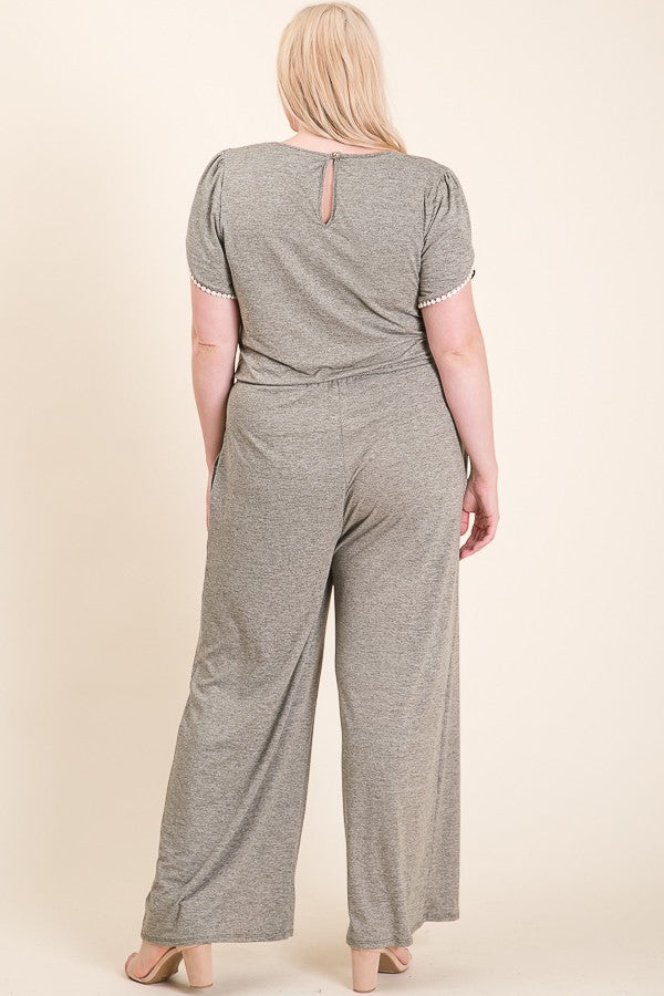 DUSTY GREY TRIM DETAILED SLEEVES  ELASTIC WAIST PLUS SIZE JUMPSUIT RJT6008RXL