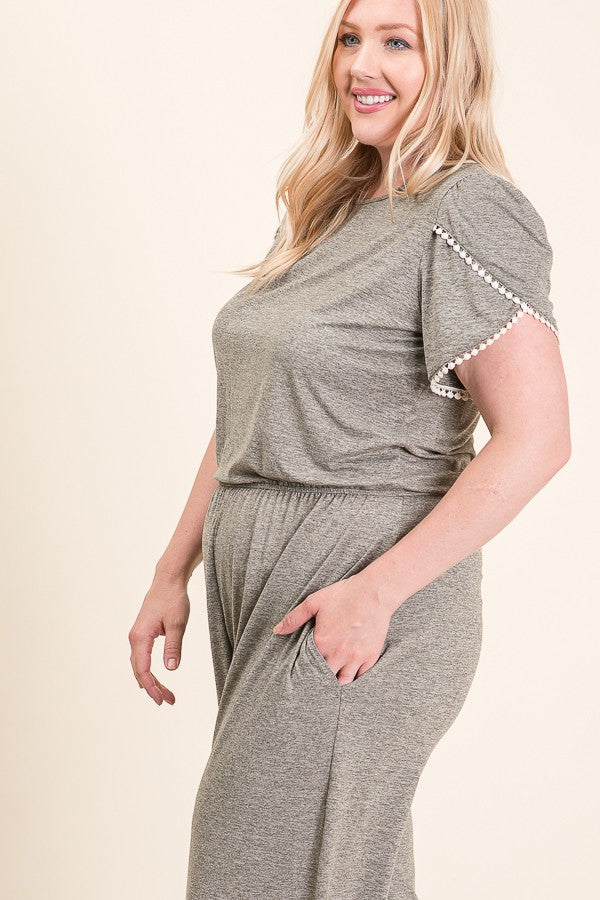 DUSTY GREY TRIM DETAILED SLEEVES  ELASTIC WAIST PLUS SIZE JUMPSUIT RJT6008RXL