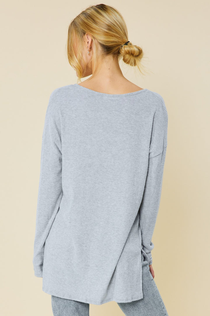 HEATER GREY V-NECK SOFT TOUCH RIB KNIT TOP FSLST3067