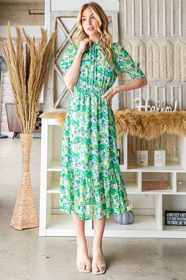 GREEN FLORAL PRINT SHORT SLEEVES PLUS SIZE MIDI DRESS W4288-W45