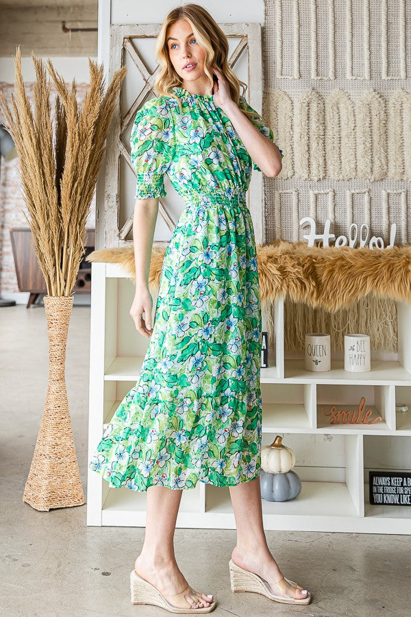 GREEN FLORAL PRINT SHORT SLEEVES PLUS SIZE MIDI DRESS W4288-W45