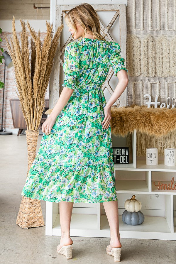 GREEN FLORAL PRINT SHORT SLEEVES PLUS SIZE MIDI DRESS W4288-W45