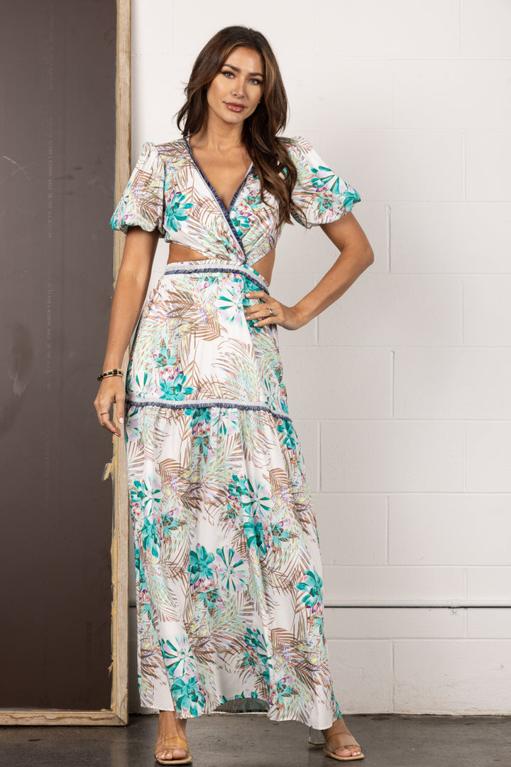 GREEN PUFF SLEEVE  CUT-OUT WAIST MAXI DRESS CD10592