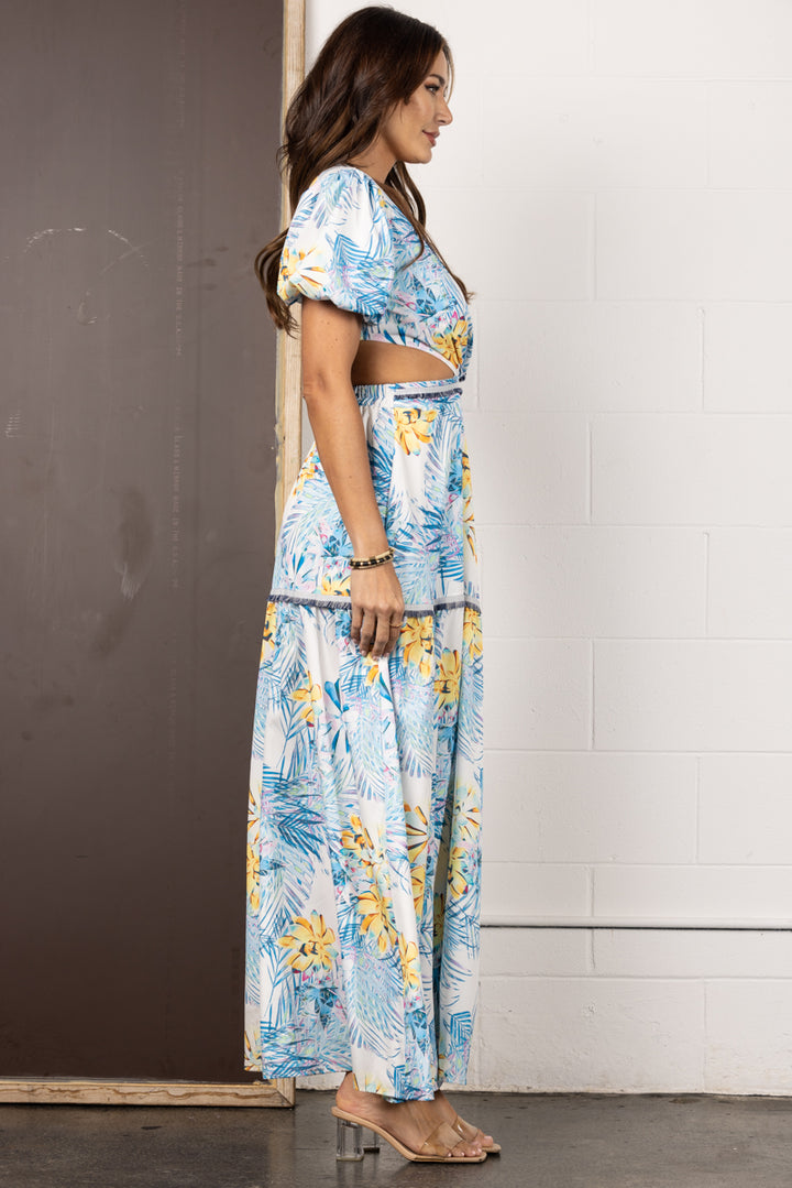 BLUE PUFF SLEEVE  CUT-OUT WAIST MAXI DRESS CD10592