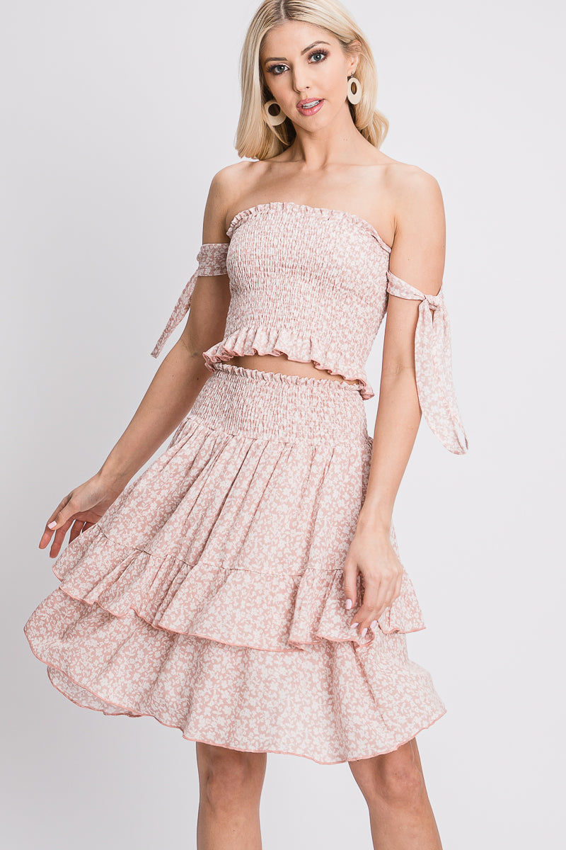 BLUSH STRING BODICE CROP TOP AND RUFFLED LAYERED SKIRT SET SOIN2029