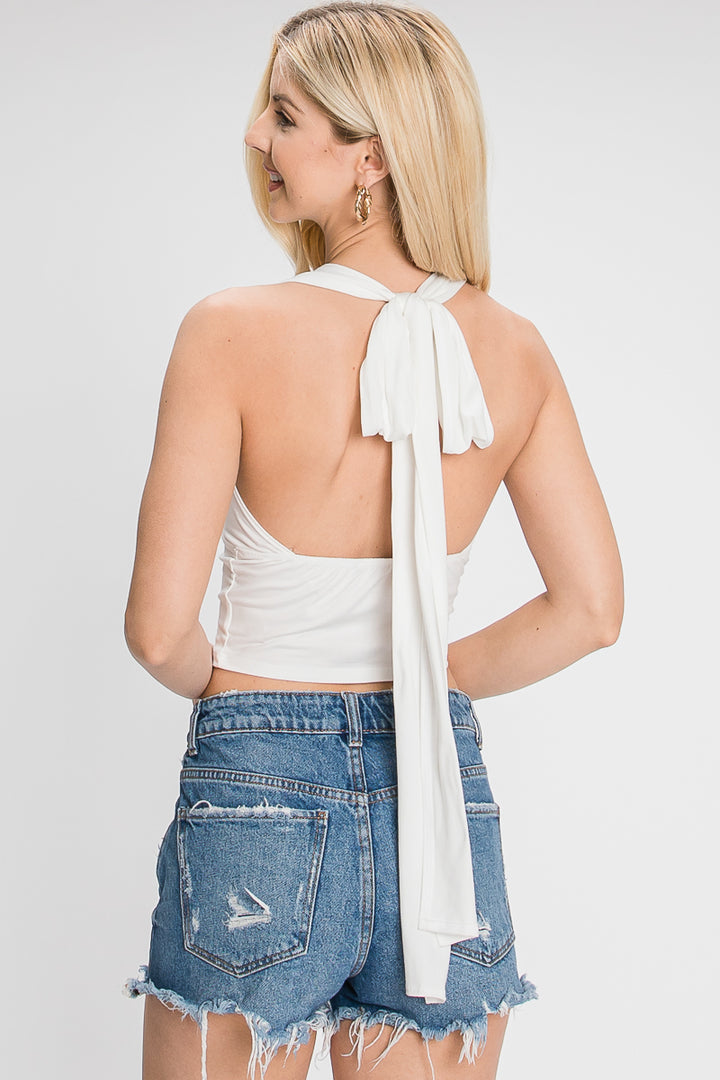 WHITE HALTER NECK TIE BACK BACKLESS CROP TOP SOIN2031T