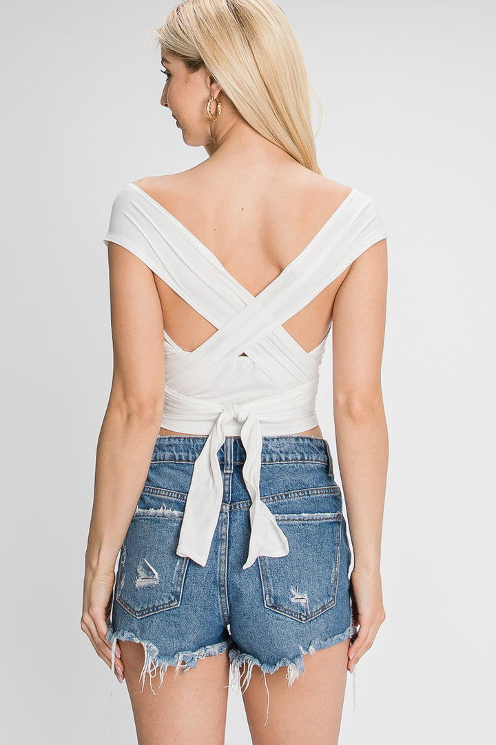 WHITE HALTER NECK TIE BACK BACKLESS CROP TOP SOIN2031T