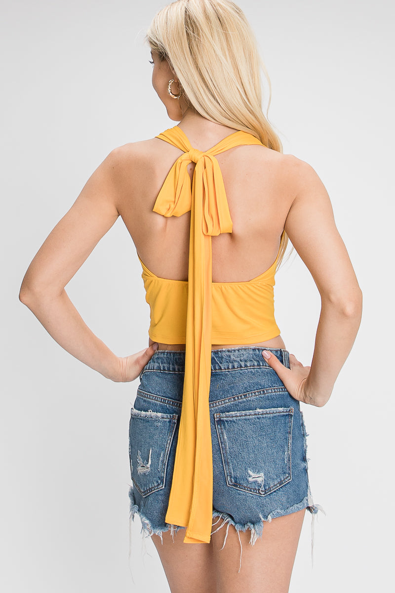 YELLOW HALTER NECK TIE BACK BACKLESS CROP TOP SOIN2031T