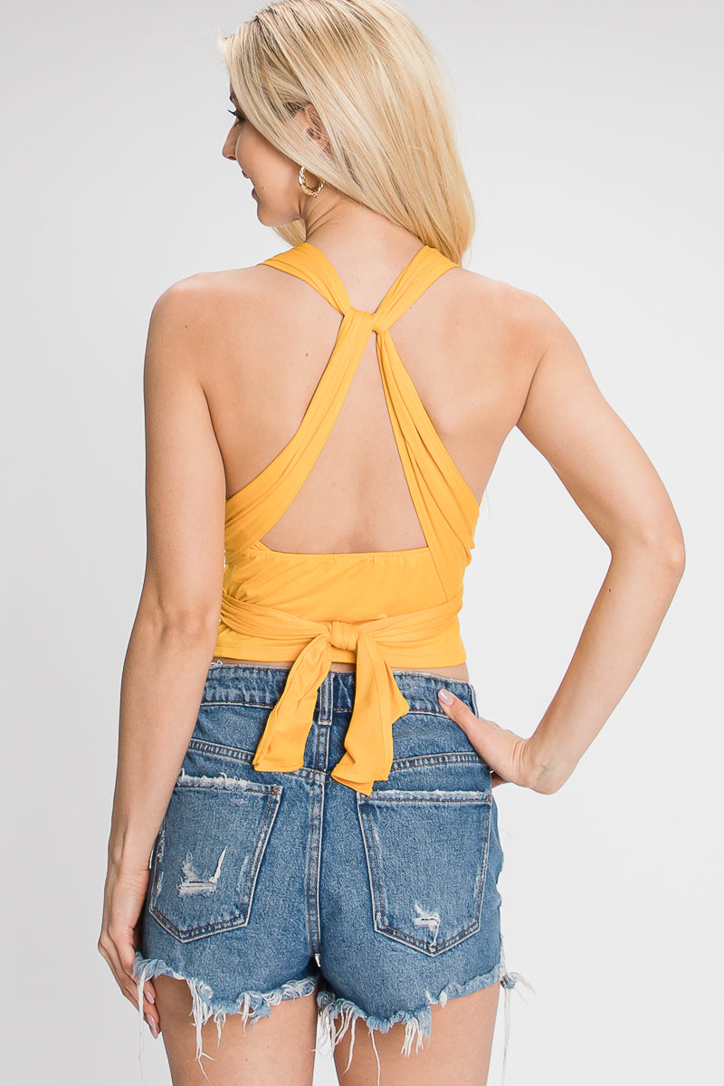 YELLOW HALTER NECK TIE BACK BACKLESS CROP TOP SOIN2031T