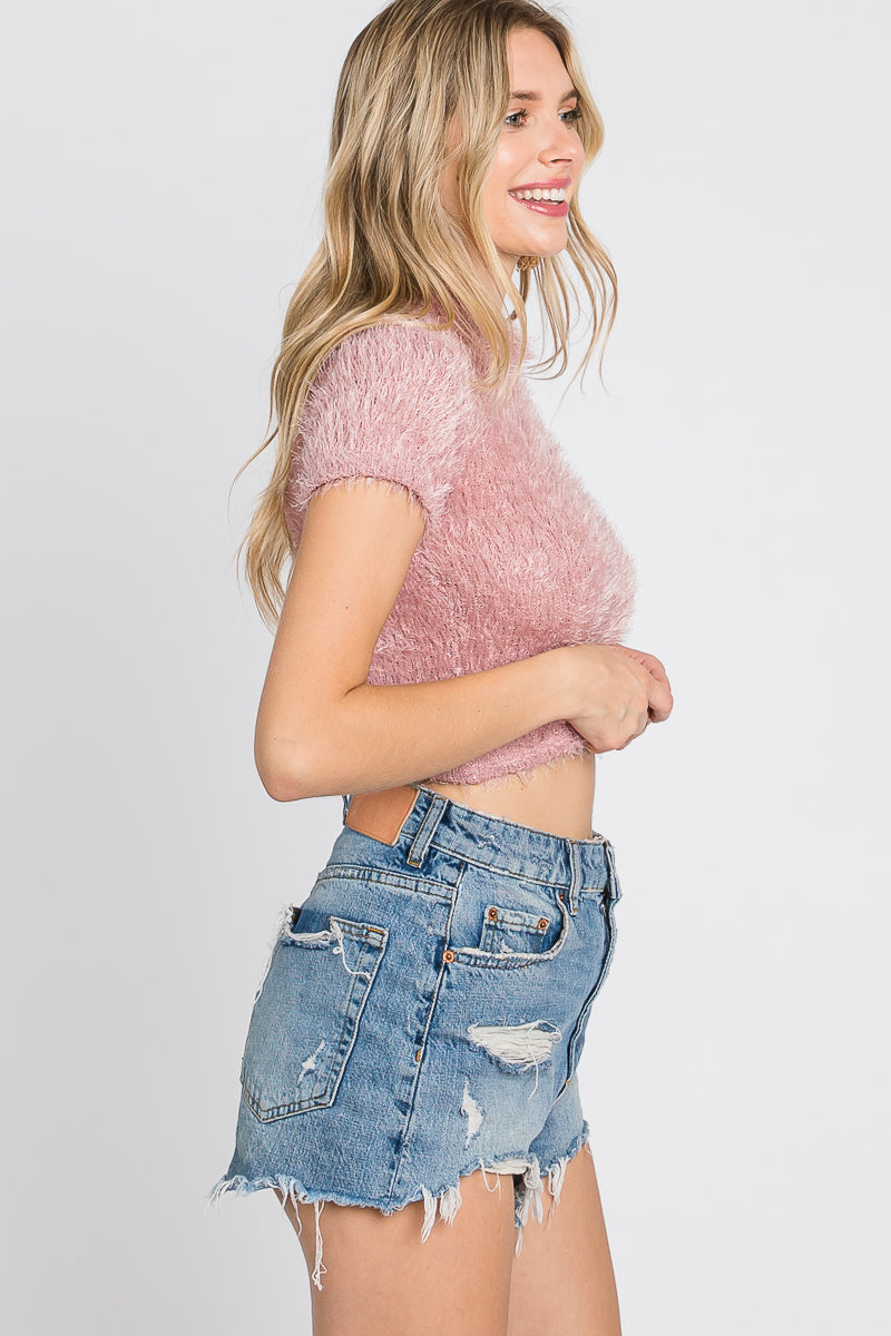 MAUVE MOCK NECK SHORT SLEEVES FUZZY KNIT CROP TOP SOIN2046T