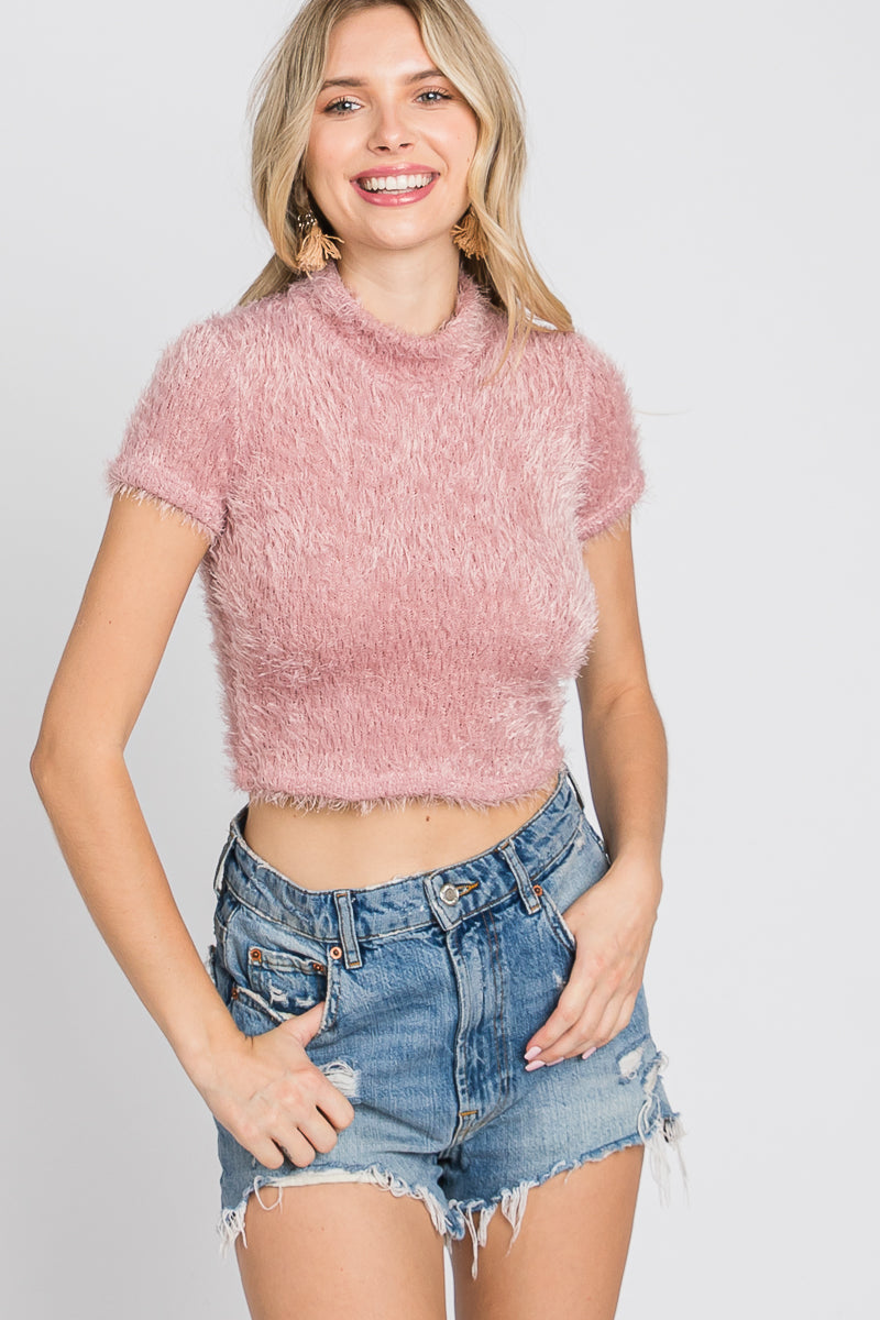 MAUVE MOCK NECK SHORT SLEEVES FUZZY KNIT CROP TOP SOIN2046T