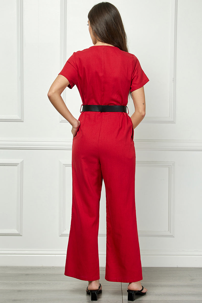 RUST V-NECK SHORT SLEEVES  BELTED WIDE LEG JUMPSUIT AVJ51087