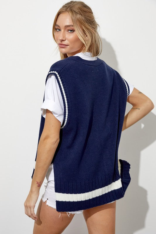 NAVY RIBBED KNIT SLEEVELESS HI-LOW CARDIGAN VEST J8009