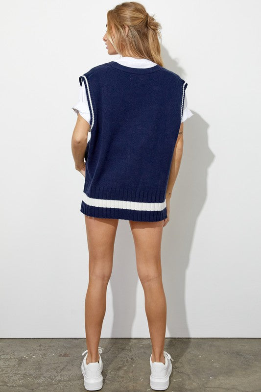 NAVY RIBBED KNIT SLEEVELESS HI-LOW CARDIGAN VEST J8009