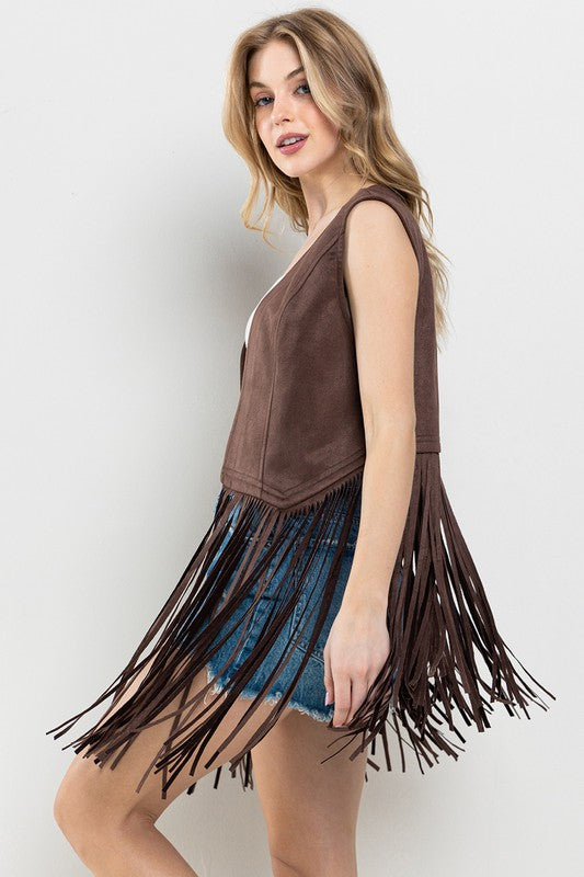 BROWN WESTERN FRINGE SUEDE LEATHER VEST JACKET CFJIC80275