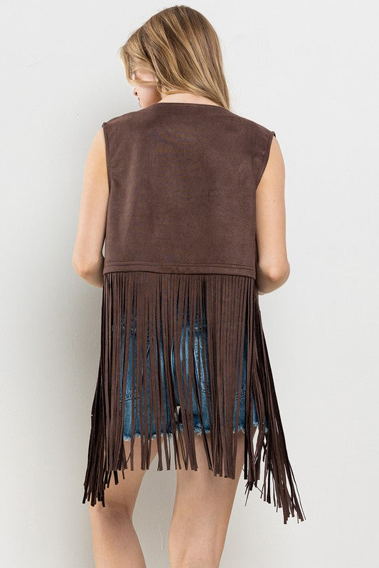 BROWN WESTERN FRINGE SUEDE LEATHER VEST JACKET CFJIC80275