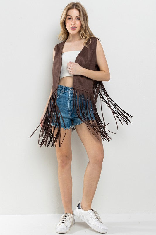 BROWN WESTERN FRINGE SUEDE LEATHER VEST JACKET CFJIC80275