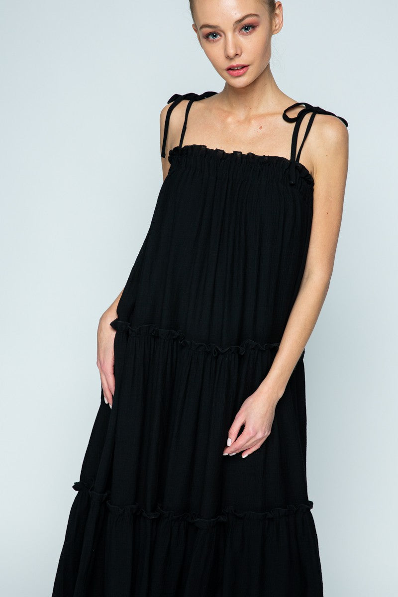 BLACK SELF-TIE SPAGHETTI STRAP RUFFLED SWING MAXI DRESS MDR8421