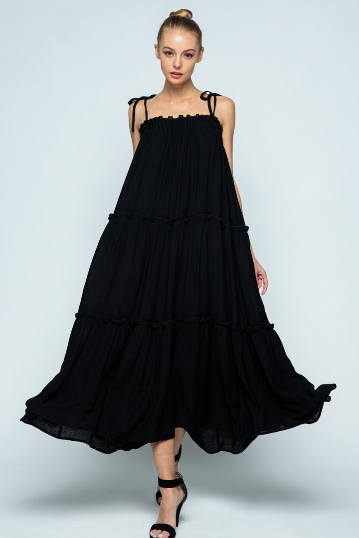 BLACK SELF-TIE SPAGHETTI STRAP RUFFLED SWING MAXI DRESS MDR8421