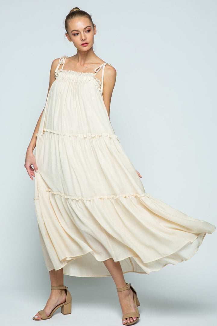 EGGSHELL SELF-TIE SPAGHETTI STRAP RUFFLED SWING MAXI DRESS MDR8421