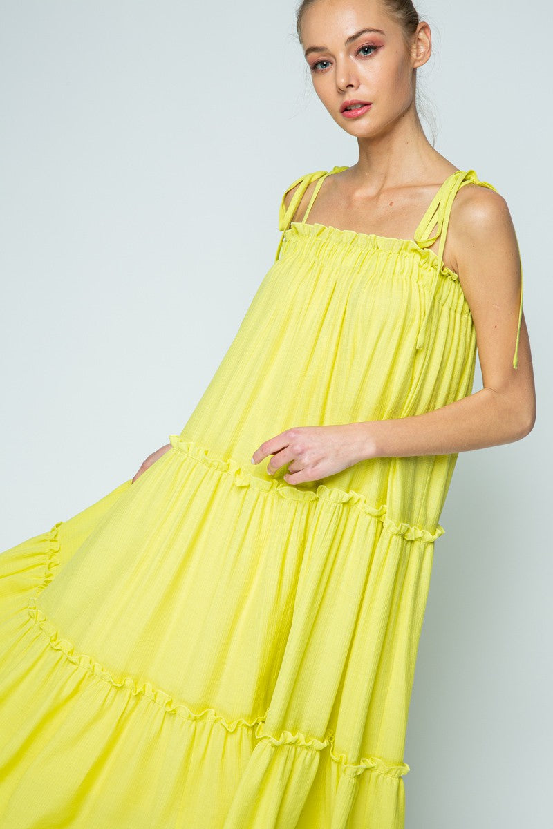 LEMON SELF-TIE SPAGHETTI STRAP RUFFLED SWING MAXI DRESS MDR8421