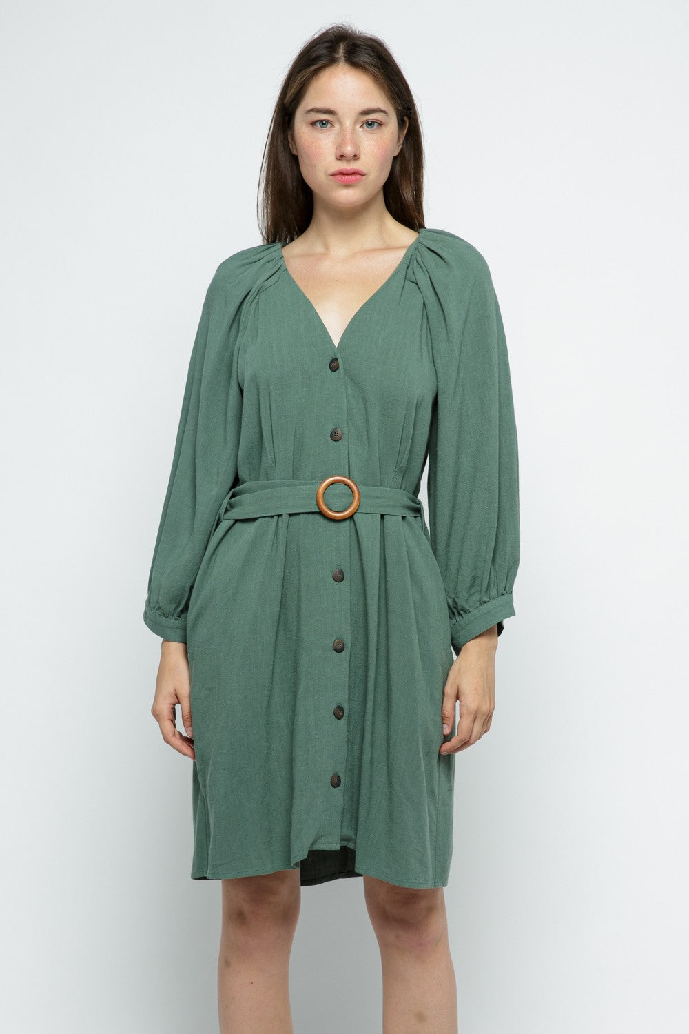 PINE GREEN V-NECK BUTTON FRONT BELTED MINI DRESS MDR8570