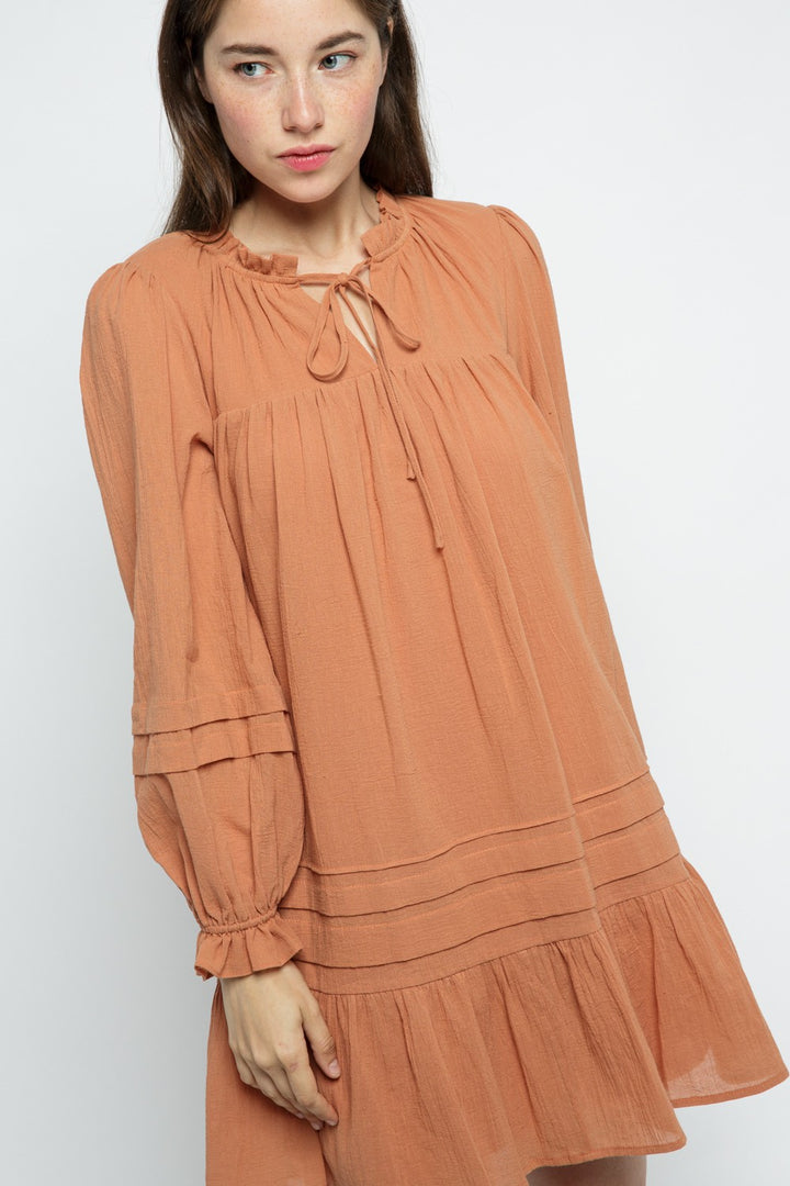 CARAMEL RUFFLED TIE-NECK LONG SLEEVES MINI DRESS MDR8656