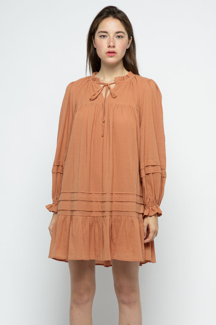 CARAMEL RUFFLED TIE-NECK LONG SLEEVES MINI DRESS MDR8656