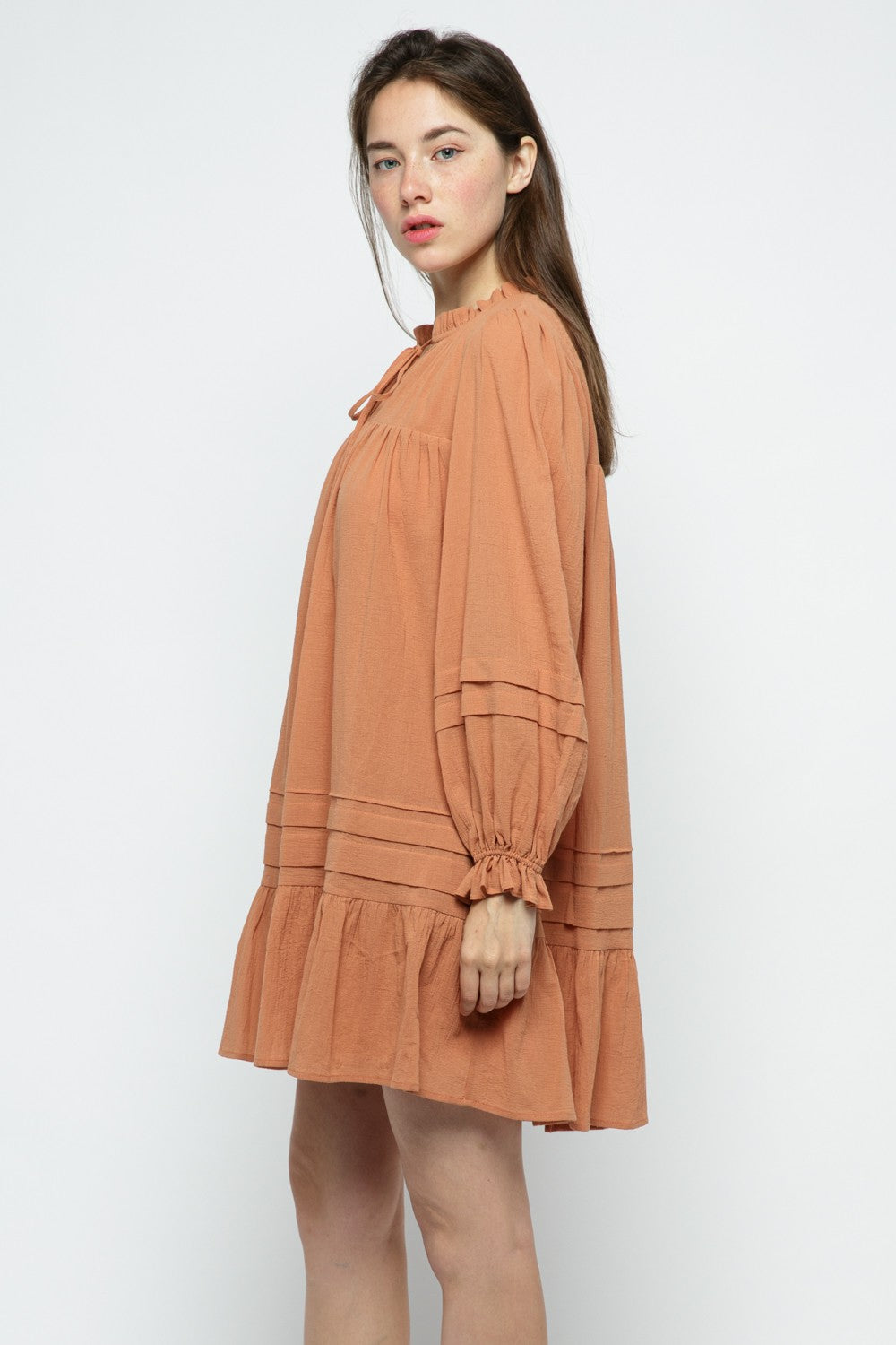 CARAMEL RUFFLED TIE-NECK LONG SLEEVES MINI DRESS MDR8656