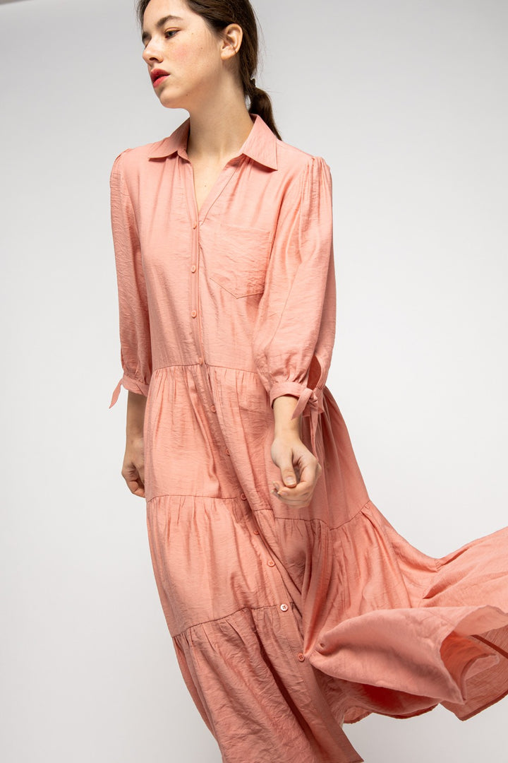 BLUSH COLLARED BUTTON DOWN RUFFLED MAXI DRESS MDR8829