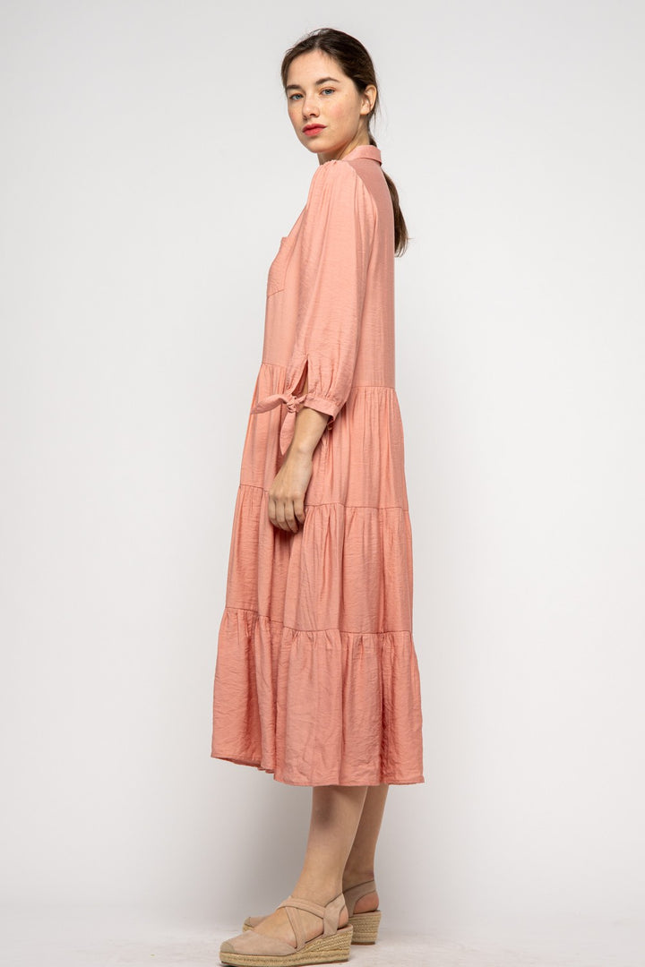 BLUSH COLLARED BUTTON DOWN RUFFLED MAXI DRESS MDR8829