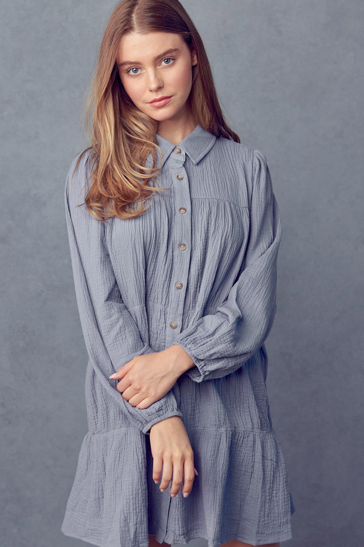 DUSTY BLUE LONG SLEEVES BUTTON UP MINI SHIRT DRESS MDR9386