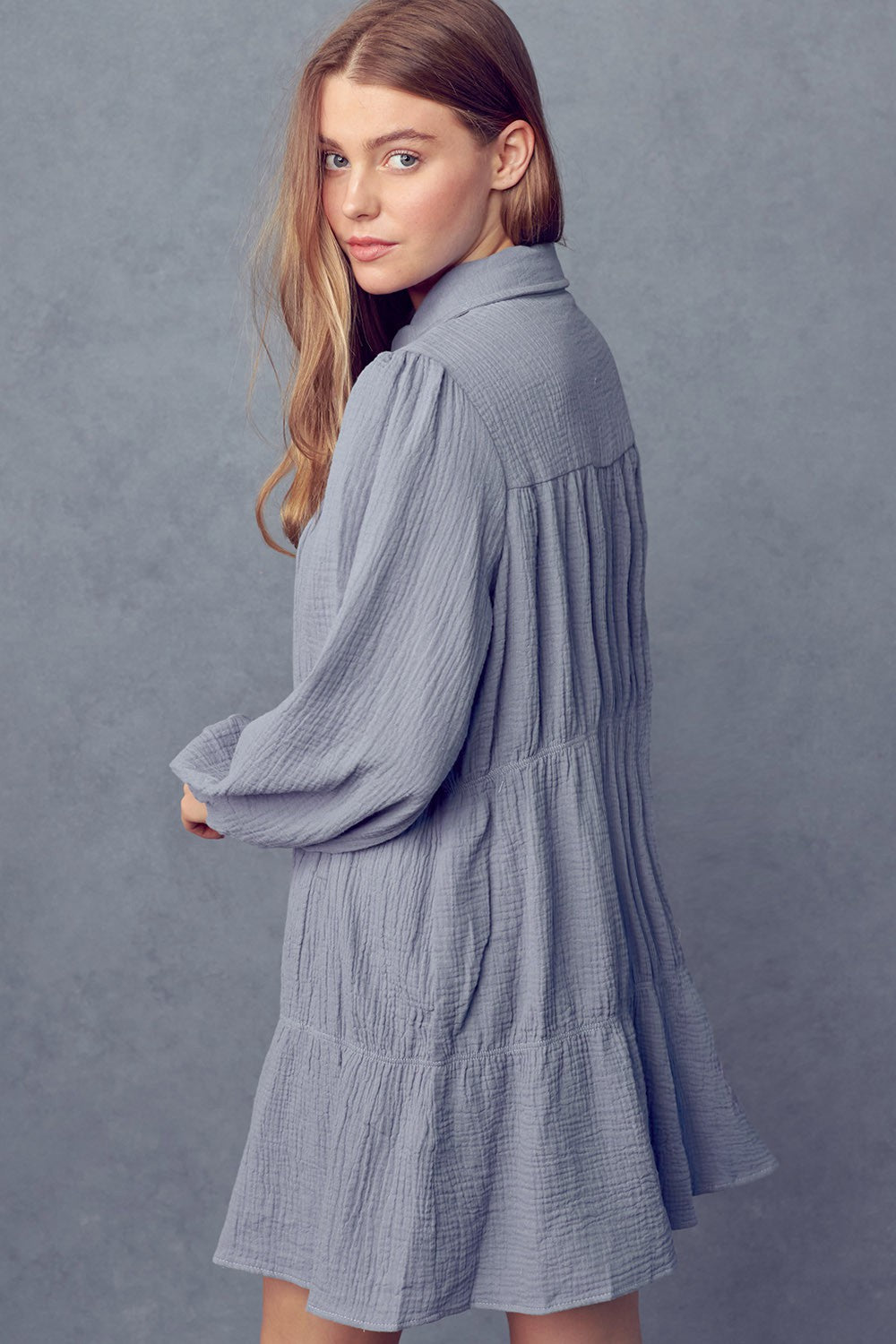 DUSTY BLUE LONG SLEEVES BUTTON UP MINI SHIRT DRESS MDR9386