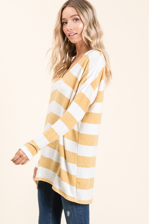 MUSTARD V-NECK STRIPED LONG SLEEVES TOP T5175-HC50