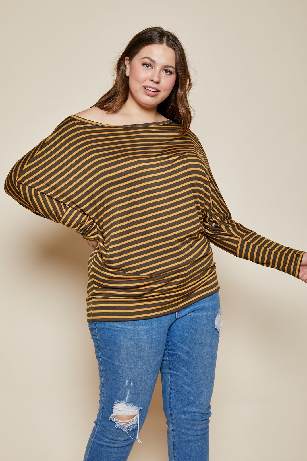 OLIVE STRIPED DOLMAN SLEEVES OFF-SHOULDER PLUS SIZE TOP RJT5029XL-ST74