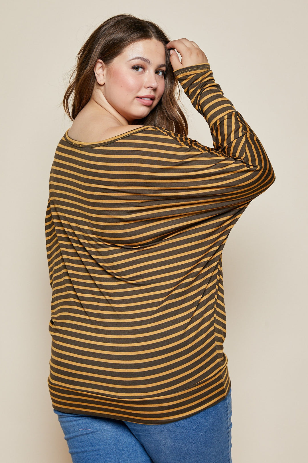 OLIVE STRIPED DOLMAN SLEEVES OFF-SHOULDER PLUS SIZE TOP RJT5029XL-ST74