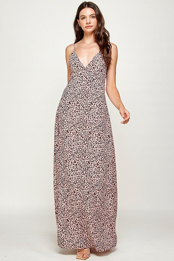 PINK ANIMAL PRINT SILKY SLIP SIDE SLIT MAXI DRESS AMD113