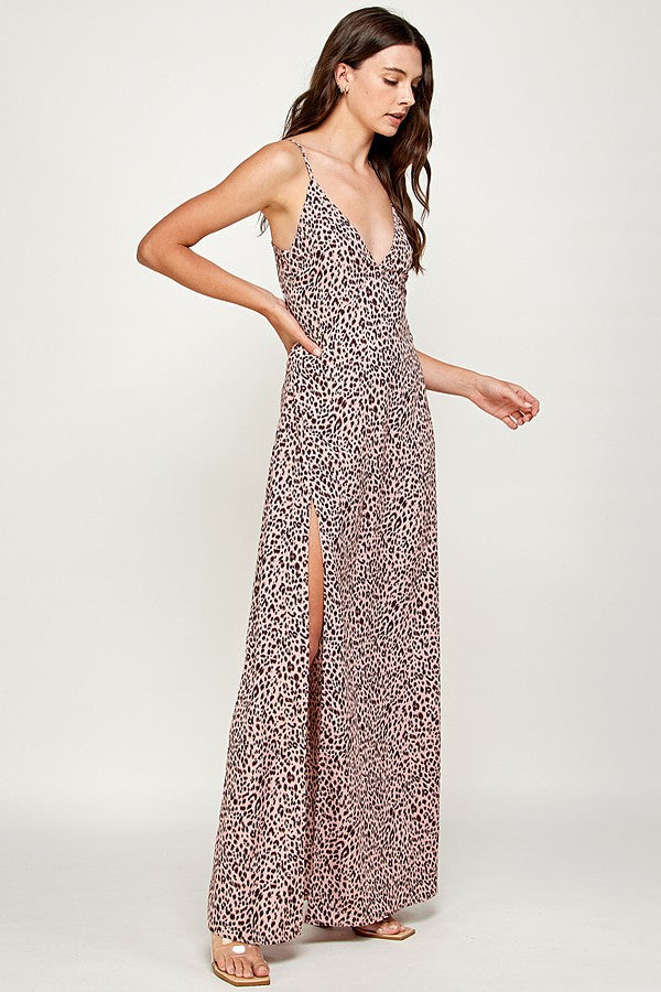 PINK ANIMAL PRINT SILKY SLIP SIDE SLIT MAXI DRESS AMD113