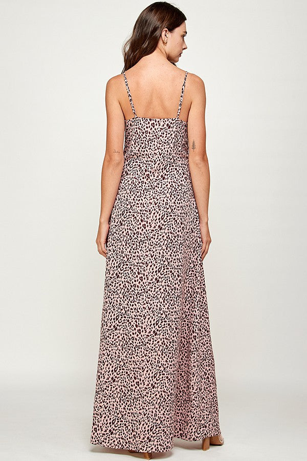 PINK ANIMAL PRINT SILKY SLIP SIDE SLIT MAXI DRESS AMD113