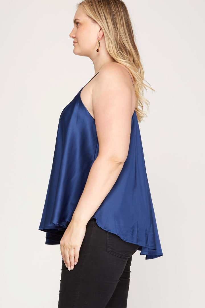 NAVY BLUE SATIN ROUNDED SWEEP HEM PLUS SIZE CAMI TOP S8PSS8033