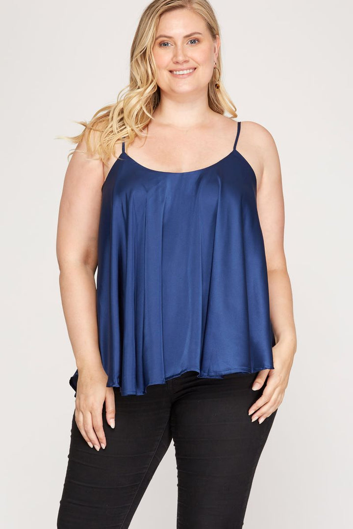 NAVY BLUE SATIN ROUNDED SWEEP HEM PLUS SIZE CAMI TOP S8PSS8033