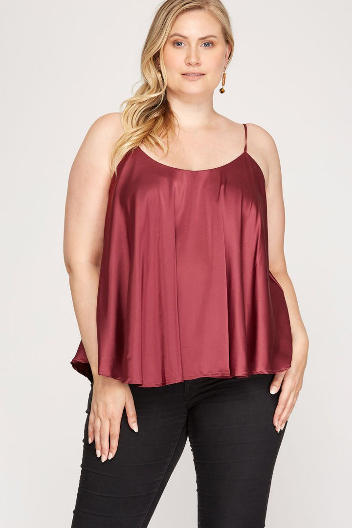 WINE SATIN ROUNDED SWEEP HEM PLUS SIZE CAMI TOP S8PSS8033