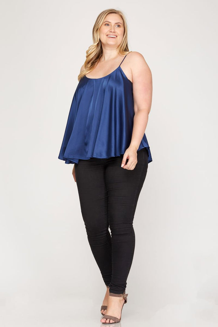 NAVY BLUE SATIN ROUNDED SWEEP HEM PLUS SIZE CAMI TOP S8PSS8033