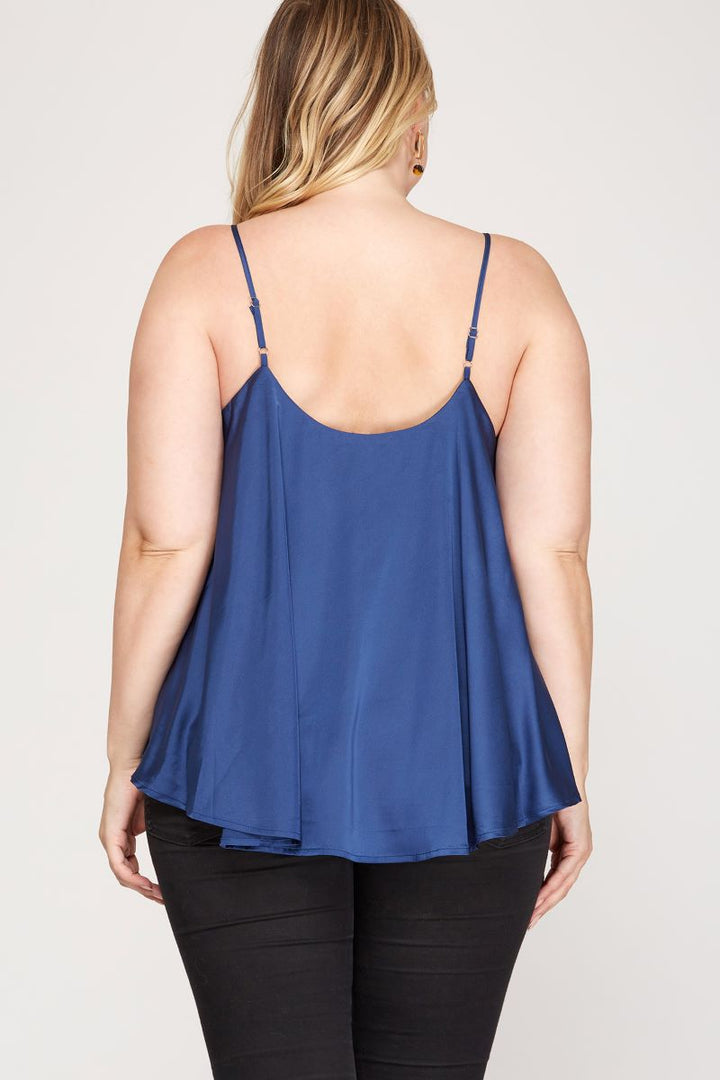 NAVY BLUE SATIN ROUNDED SWEEP HEM PLUS SIZE CAMI TOP S8PSS8033