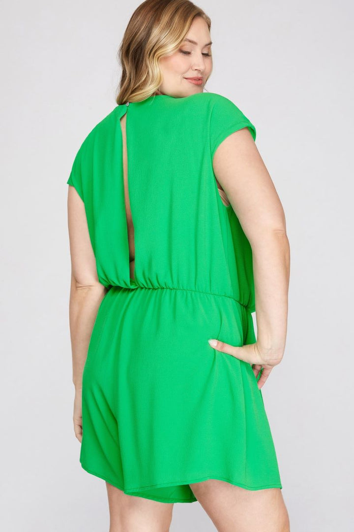 APPLE GREEN DROP SHOULDER TIE FRONT PLUS SIZE WOVEN ROMPER S12PSY1608R