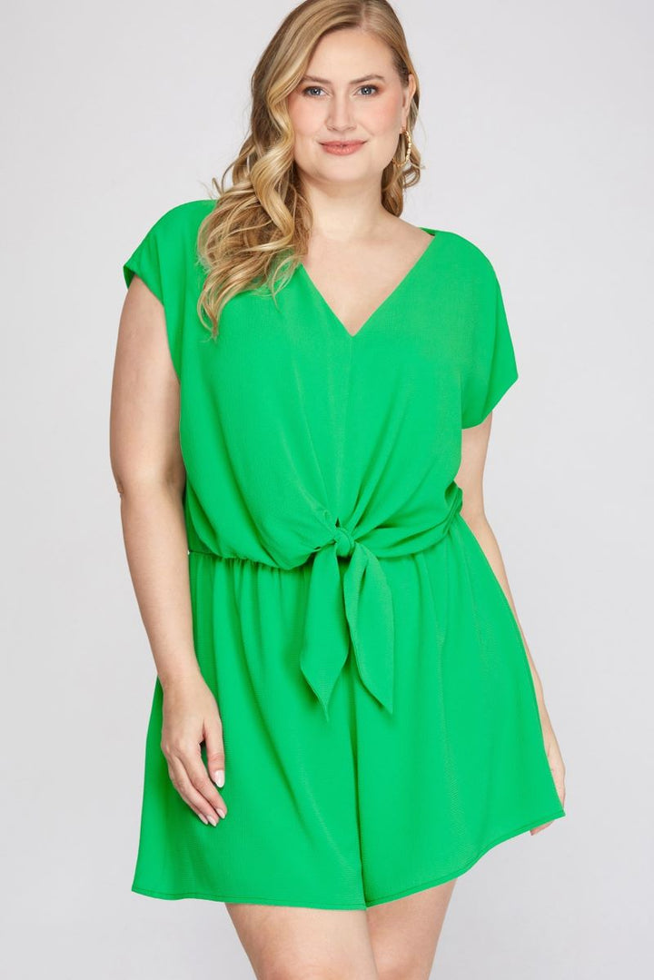 APPLE GREEN DROP SHOULDER TIE FRONT PLUS SIZE WOVEN ROMPER S12PSY1608R