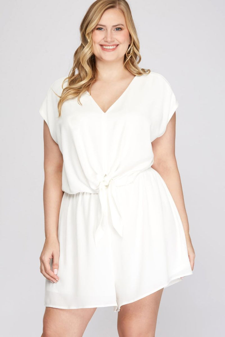 OFF WHITE DROP SHOULDER TIE FRONT PLUS SIZE WOVEN ROMPER S12PSY1608R