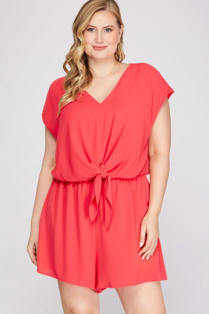 CHERRY PINK DROP SHOULDER TIE FRONT PLUS SIZE WOVEN ROMPER S12PSY1608R