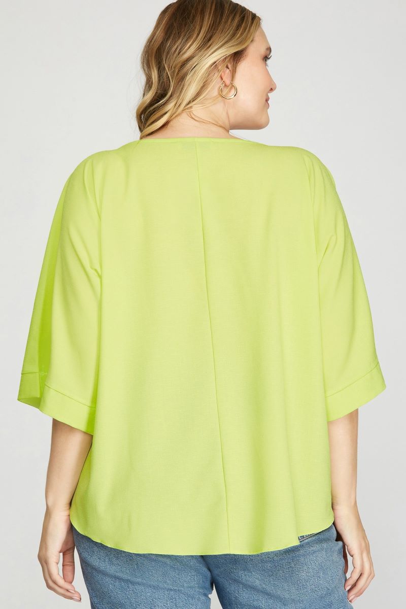 LIME KIMONO SLEEVES SIDE TIE DETAILED PLUS SIZE WOVEN TOP P8PSY3244R