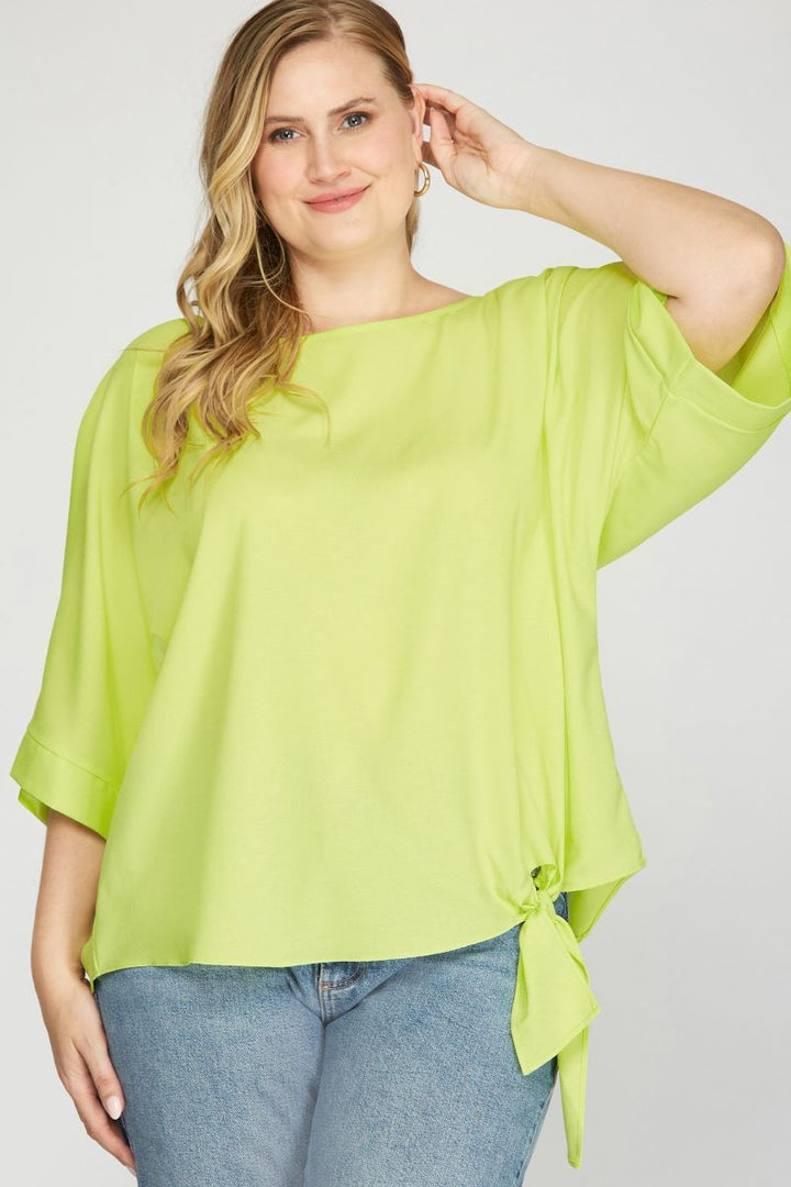 LIME KIMONO SLEEVES SIDE TIE DETAILED PLUS SIZE WOVEN TOP P8PSY3244R